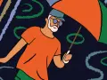 Ein Mann mit Bart und Brille geht unter einem bunten Regenschirm. Die Streifen im Hintergrund könnten für seine **Enttäuschung** stehen, die ihn trotz Sonnenschirms nicht trocken hält.