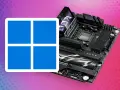 Windows 11 Logo neben einem ROG Mainboard. Ein TPM-Chip ist für die Sicherheit unerlässlich.
