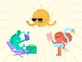 Sonnige **Herbstferien 2026 Niedersachsen**! Ein grüner Charakter entspannt, ein anderer liest, während die Sonne mit Sonnenbrille grüßt.