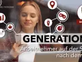 Generation Y: Junge Arbeitnehmer suchen Sinn. Eine junge Frau mit Smartphone und Laptop, umgeben von Symbolen für Psychologie und Social Media.