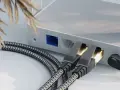 Zwei geflochtene ethernet-Kabel stecken in einem weißen Router, daneben ein schwarzes Stromkabel.