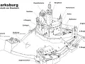 Zeichnung der Marksburg, die zeigt, wann das Mittelalter war, mit Bergfried, Palas und Zugbrückentor.