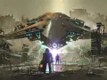 Zwei Gestalten stehen in einer **dystopischen** Ruinenlandschaft vor einem riesigen, leuchtenden Raumschiff, das Blitze aussendet.