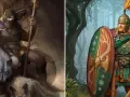 Odin, der Allvater, mit Raben und Wölfen, sitzt auf einem Thron aus Ästen. Daneben ein Krieger mit Helm und Schild.