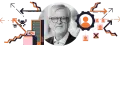 Porträt eines Mannes mit Brille, umgeben von abstrakten Grafiken, die Datenflüsse und eine komplexe Infrastruktur darstellen.