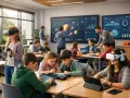Kinder der Generation Alpha lernen mit VR-Brillen und Tablets im Klassenzimmer.
