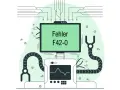 Ein Bildschirm zeigt "Fehler F42-0". Roboterarme und ein Messgerät deuten auf ein Problem in einer komplexen Datenbank hin.