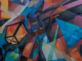 Abstrakte Komposition in leuchtenden Farben, die an den Stil des Kubismus erinnert. Geometrische Formen und Linien verschmelzen zu einem dynamischen Ganzen.