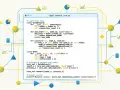 Ein Softwareentwickler schreibt Python-Code für ein Netzwerk. Diagramme und Datenknoten sind um den Code herum angeordnet.