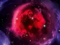 Ein leuchtender roter Nebel, der an den **Urknall** erinnert, umgeben von violetten Wolken und Sternen.