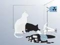 Schrödingers Katze: Ein weißer und ein schwarzer Katzenumriss in einer Box, daneben ein Hammer, ein Behälter mit radioaktivem Symbol und zerbrochenes Glas.
