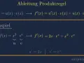 Die Ableitung der Produktregel wird gezeigt. Ein Beispiel mit f(x) = x² * e^x illustriert die Anwendung.