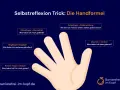 Die Handformel als Trick zur Selbstreflexion: Daumen (Denken), Zeigefinger (Ziele), Mittelfinger (Mentalität), Ringfinger (Helfen), kleiner Finger (Körperpflege).