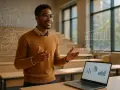 Ein Mann hält eine Präsentation in einem Hörsaal. Auf seinem Laptop sind Diagramme zu sehen, und über ihm schweben stilisierte Grafiken.