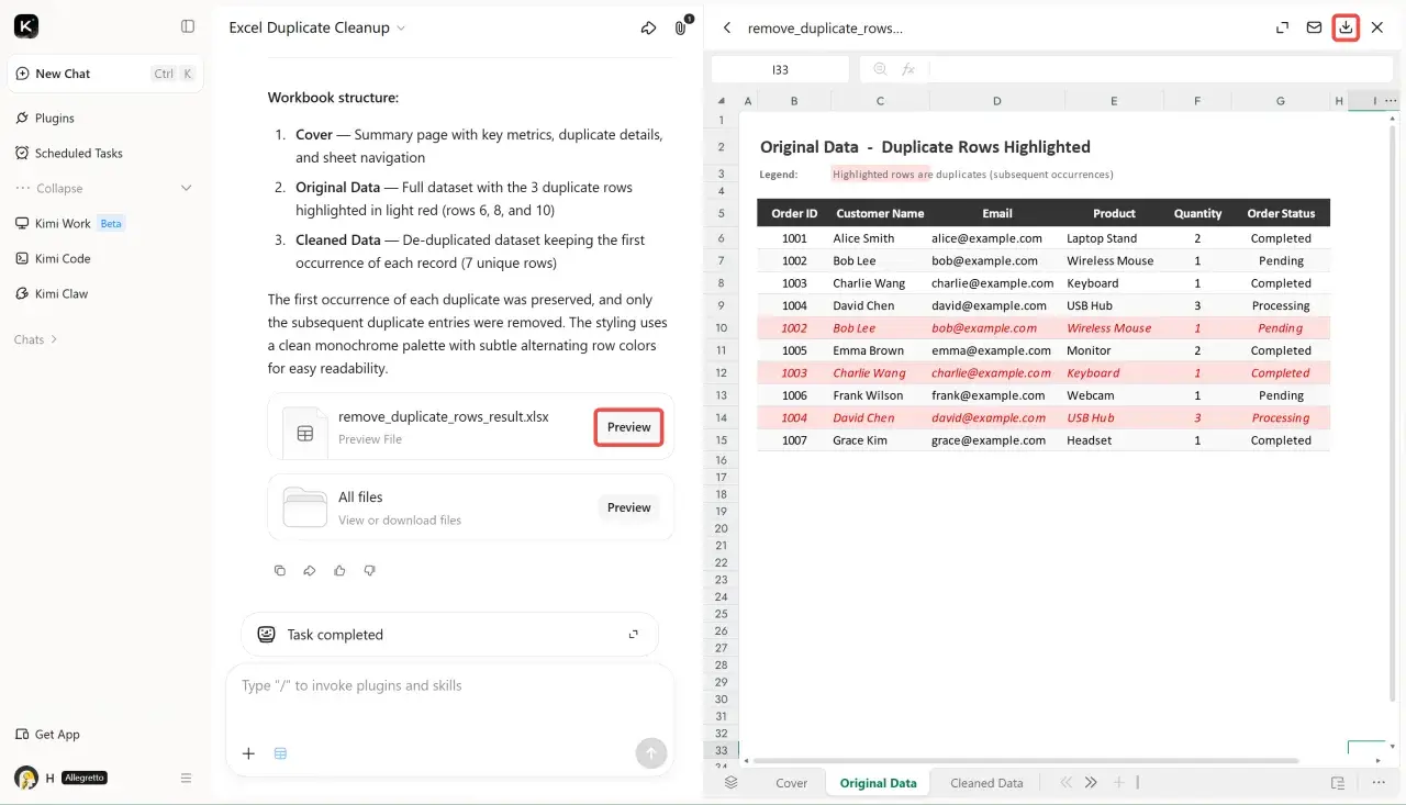 Excel-Tabelle mit hervorgehobenen doppelten Zeilen. Die Aufgabe "excel doppelte werte löschen" wurde erfolgreich abgeschlossen.