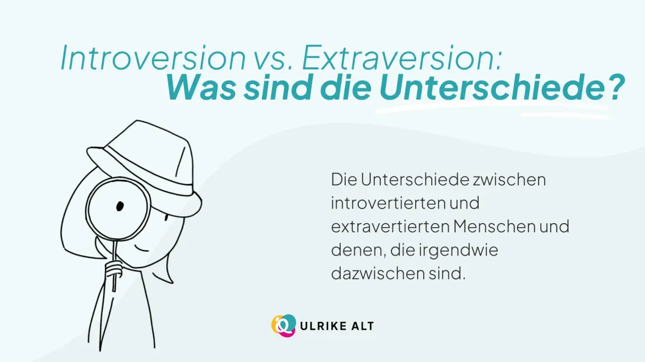 Eine Figur mit Hut und Lupe untersucht die Unterschiede zwischen introvertierten und extrovertierten Menschen.