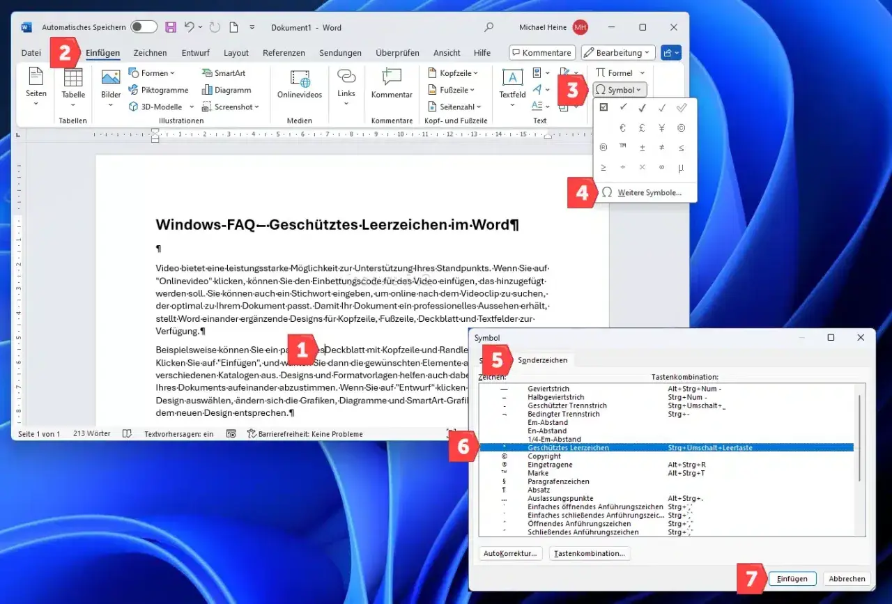 Microsoft Word: Menü "Einfügen" mit Symbolen, wo "Geschütztes Leerzeichen" ausgewählt ist.