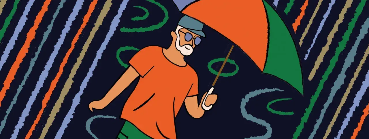 Ein Mann mit Bart und Brille geht unter einem bunten Regenschirm. Die Streifen im Hintergrund könnten für seine **Enttäuschung** stehen, die ihn trotz Sonnenschirms nicht trocken hält.