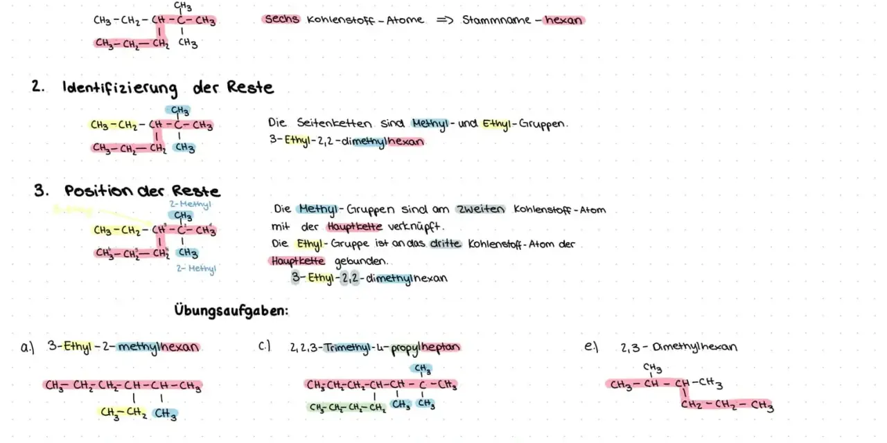 Alkane: Bestimmung der längsten Kohlenstoffkette, Identifizierung von Resten und deren Position. Übungsaufgaben zur Benennung von Alkanen.