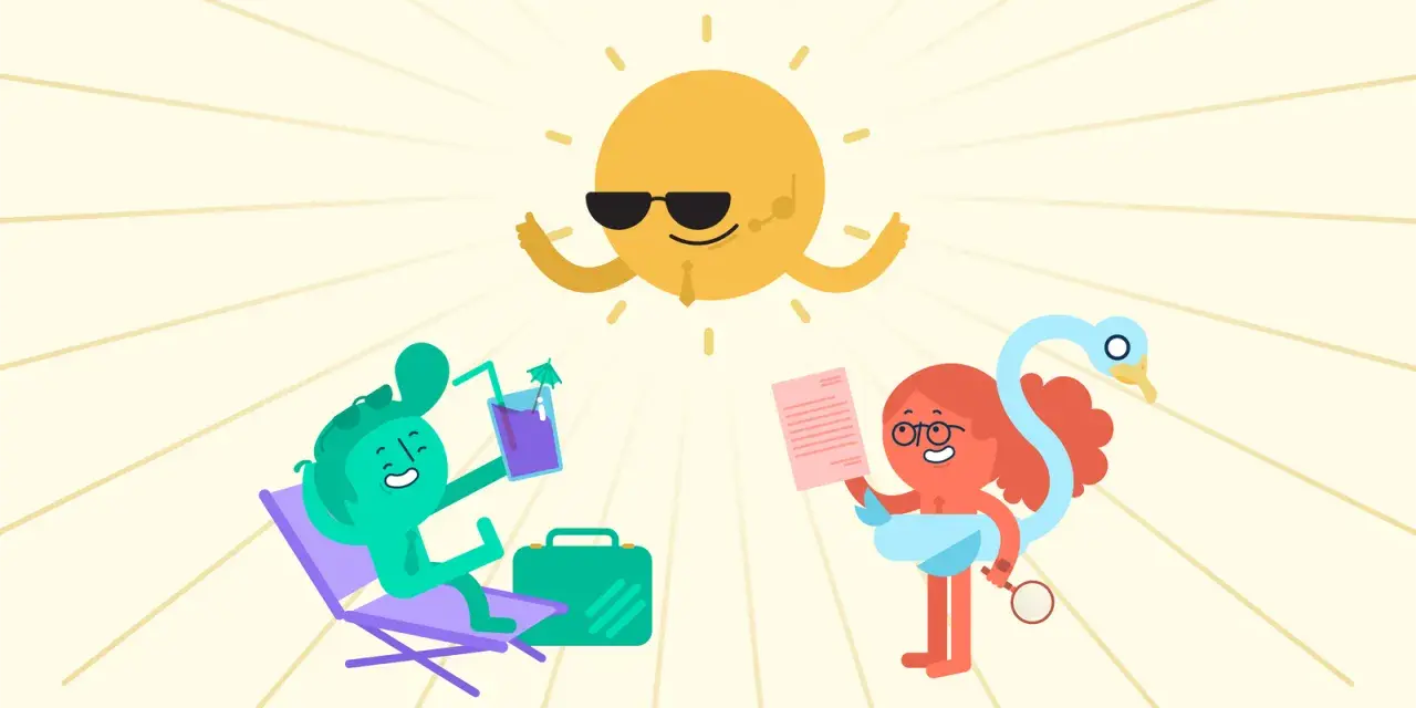 Sonnige **Herbstferien 2026 Niedersachsen**! Ein grüner Charakter entspannt, ein anderer liest, während die Sonne mit Sonnenbrille grüßt.