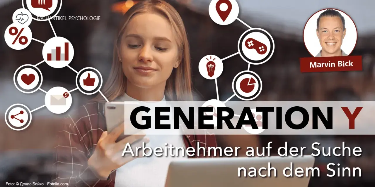 Generation Y: Junge Arbeitnehmer suchen Sinn. Eine junge Frau mit Smartphone und Laptop, umgeben von Symbolen für Psychologie und Social Media.