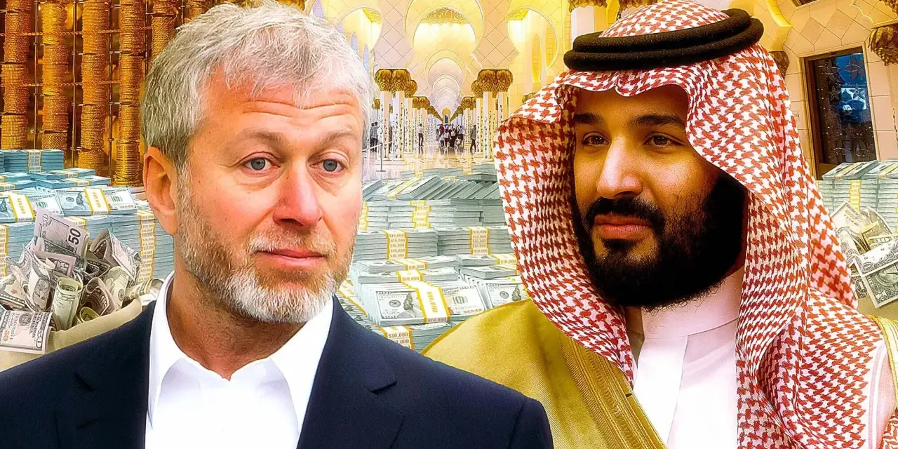 Oligarch Roman Abramovich und ein saudischer Prinz vor Bergen von Geld und Gold.