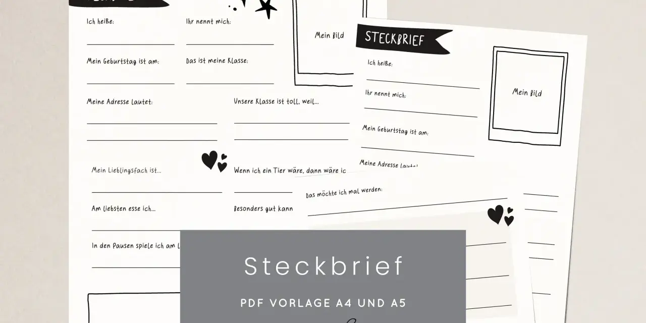 Eine Steckbrief Vorlage mit Feldern für Name, Geburtstag, Adresse, Lieblingsfach und mehr. Ideal zum Ausfüllen für Kinder.