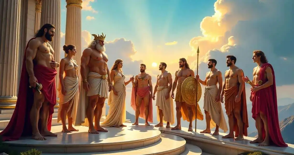 Versammlung der griechischen Götter vor antiken Säulen im Sonnenuntergang. Majestätische Figuren in Togen, einige mit Waffen.