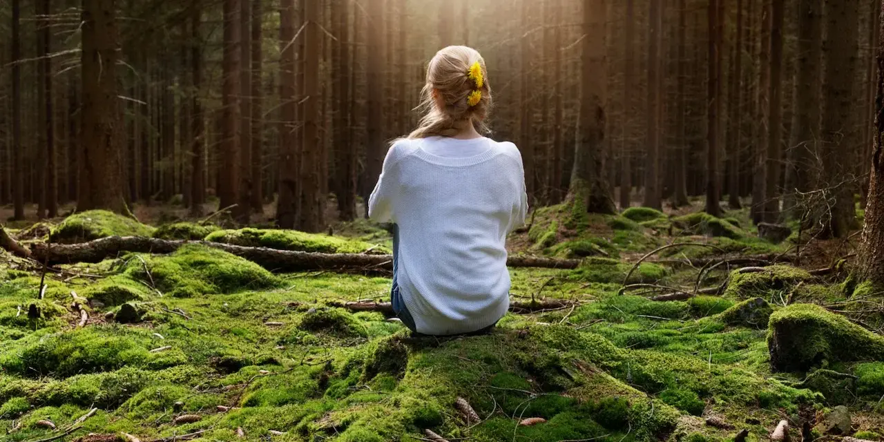 Frau sitzt im Wald auf moosbewachsenem Boden, umgeben von Bäumen. Sonnenstrahlen fallen durch das Blätterdach und erzeugen eine Atmosphäre der Katharsis.