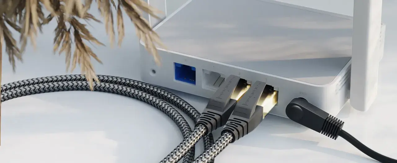 Zwei geflochtene ethernet-Kabel stecken in einem weißen Router, daneben ein schwarzes Stromkabel.