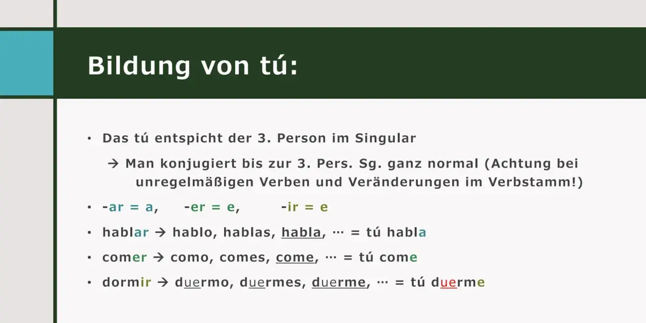Bildung von tú: Spanische Imperativ-Regeln für die 3. Person Singular. Beispiele: hablar, comer, dormir.