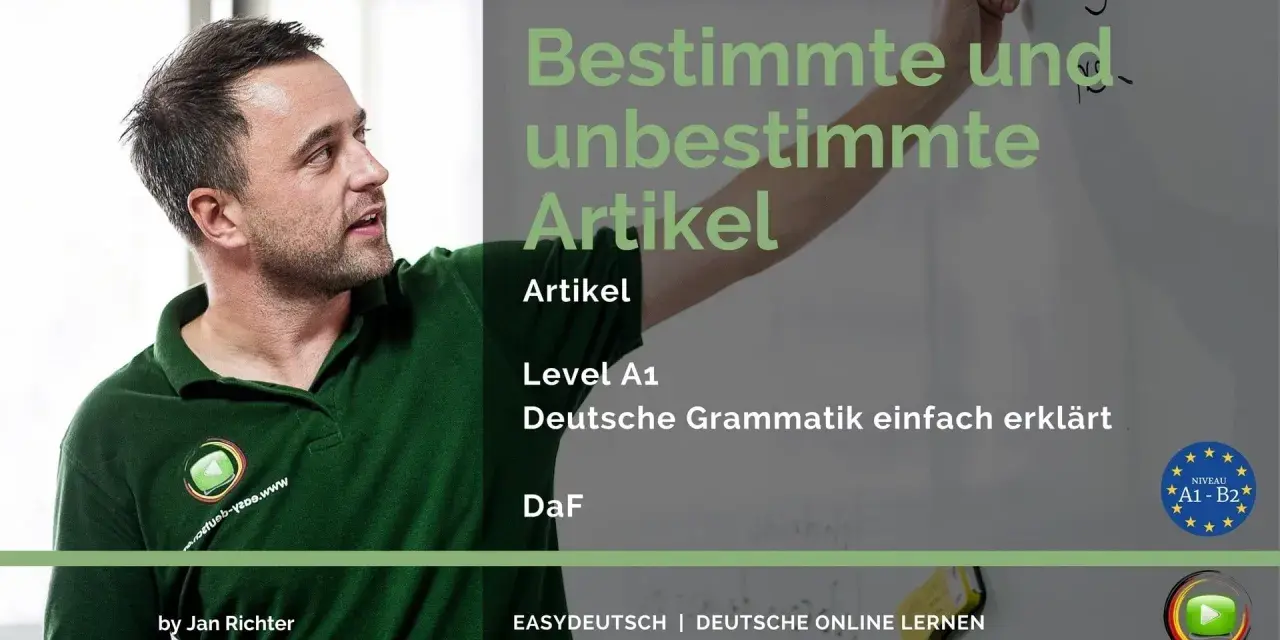 Mann erklärt den bestimmten und unbestimmten Artikel. Deutsche Grammatik für Anfänger (Level A1).