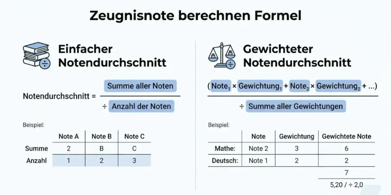 Formeln für einfachen und gewichteten Notendurchschnitt. Der Mittelwert wird durch Summe aller Noten geteilt durch Anzahl der Noten berechnet.