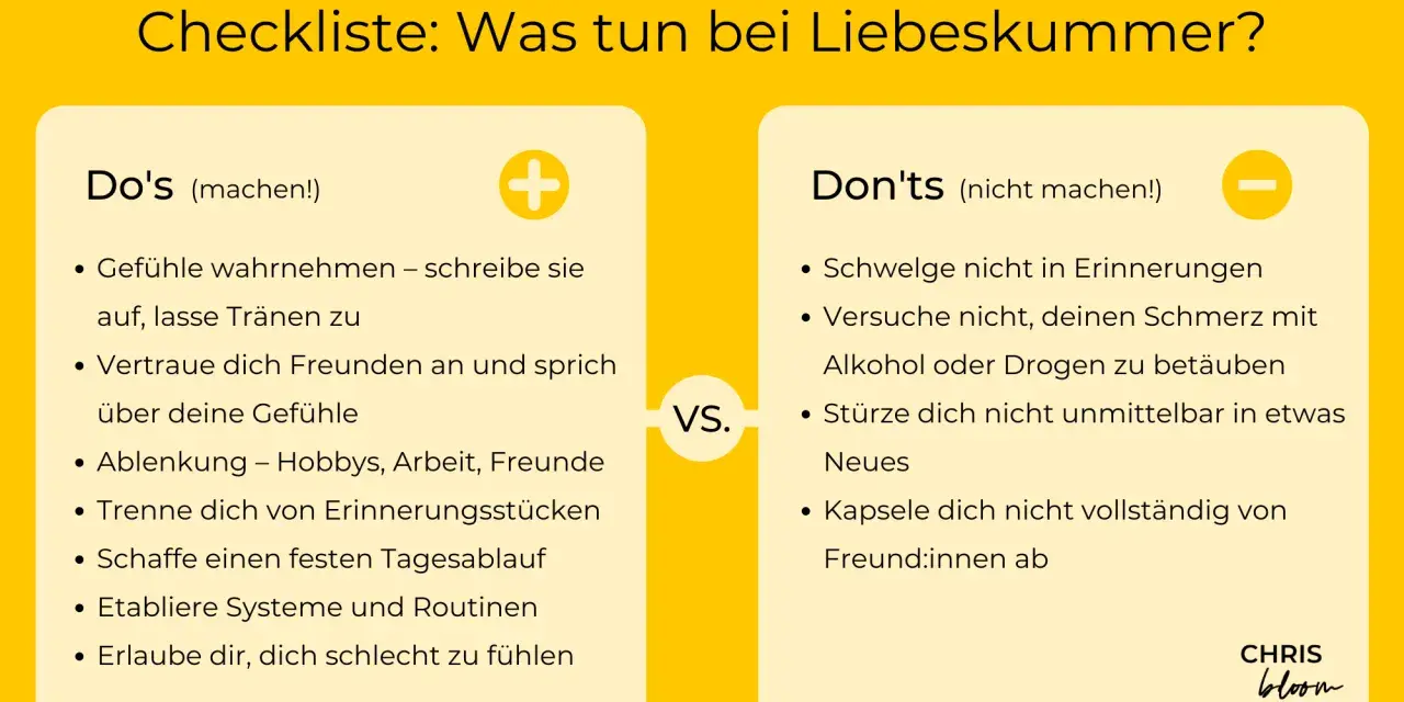 Checkliste: Was tun bei Liebeskummer? Zeigt "Do's" und "Don'ts" für den Umgang mit Herzschmerz.
