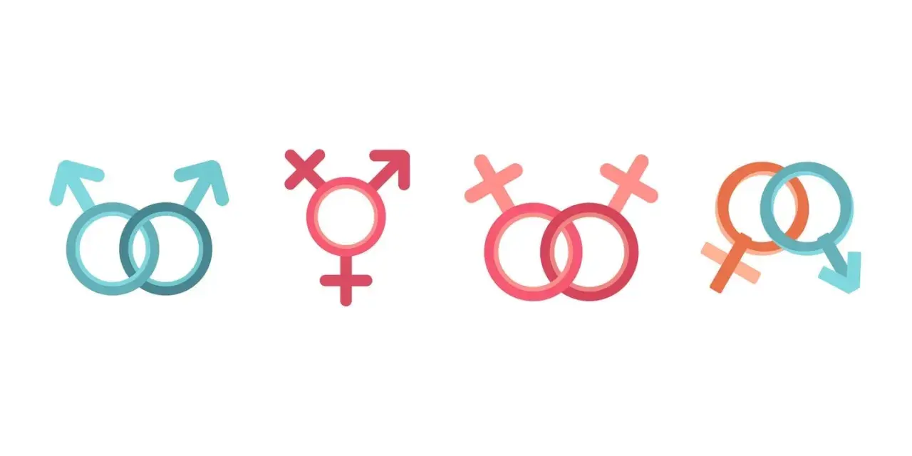Symbole für verschiedene Geschlechter: zwei Männer, Transgender, zwei Frauen, Mann und Frau. Die Frage, wie viele Geschlechter es gibt, wird hier visuell angedeutet.