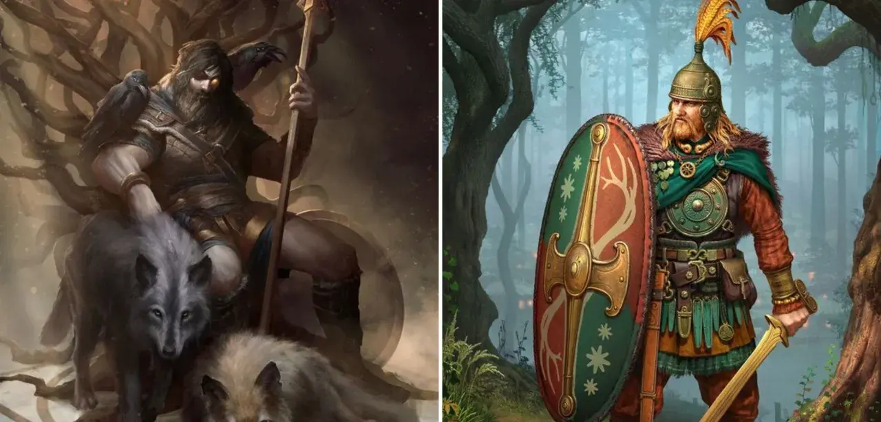 Odin, der Allvater, mit Raben und Wölfen, sitzt auf einem Thron aus Ästen. Daneben ein Krieger mit Helm und Schild.