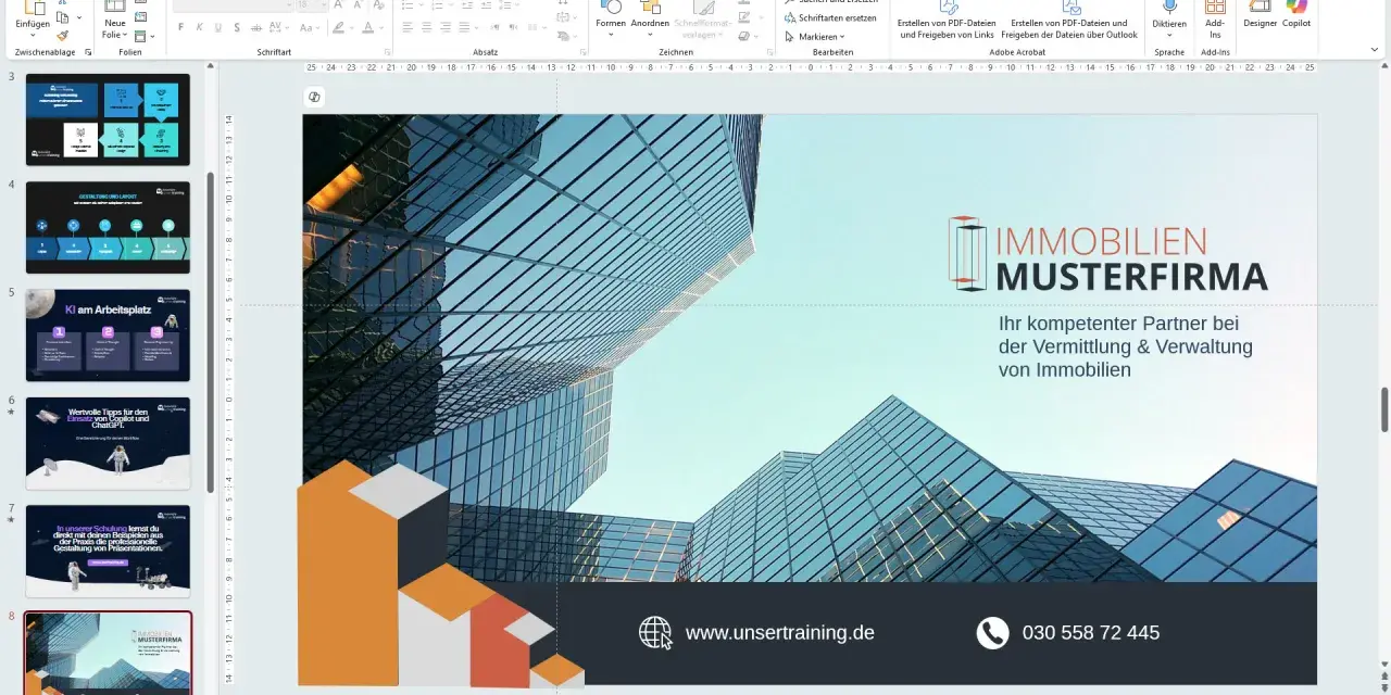 Eine PowerPoint-Präsentation mit einem modernen Design für eine Immobilienfirma.