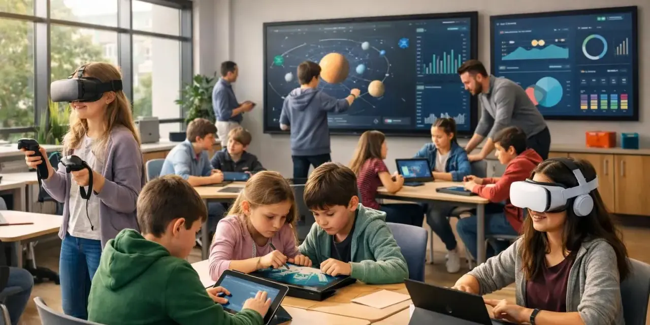 Kinder der Generation Alpha lernen mit VR-Brillen und Tablets im Klassenzimmer.