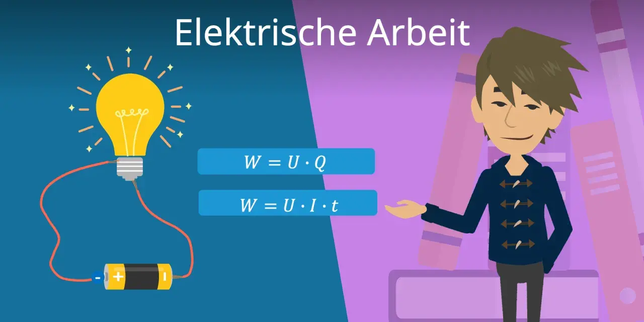 Elektrische Arbeit: Glühbirne, Batterie und Formeln für Energie (Joule). Ein Junge erklärt die Formeln.