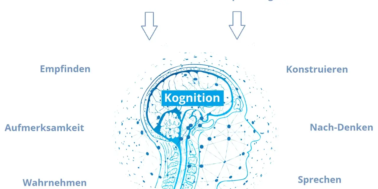 Schema zeigt, wie Systeme und kognitive Dissonanz unsere kognitiven Fähigkeiten wie Empfinden, Wahrnehmen, Konstruieren und Sprechen beeinflussen.