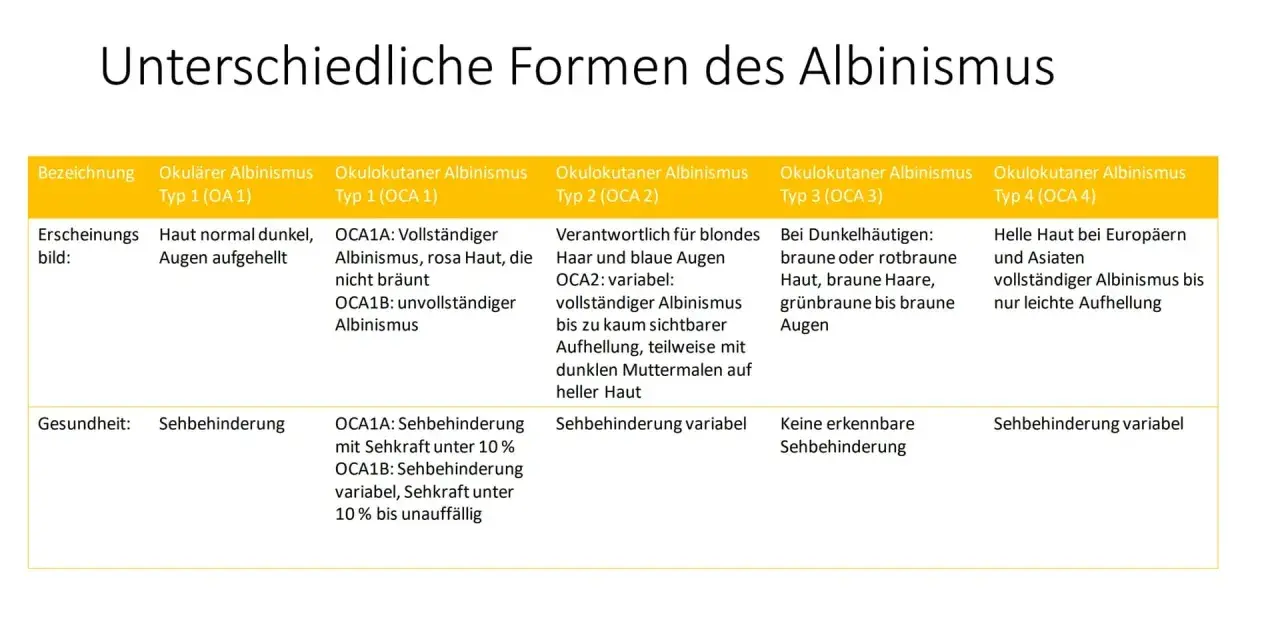 Tabelle zeigt verschiedene Formen von Albinismus bei Menschen, von vollständigem bis zu leichter Aufhellung, mit Auswirkungen auf Haut, Haar und Augen.