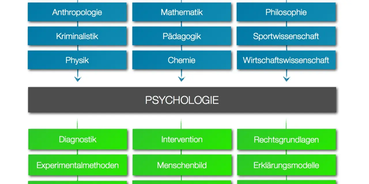 Diagramm zeigt, wie verschiedene Disziplinen wie Soziologie, Medizin und Biologie zur Psychologie beitragen. Darunter sind Anwendungsbereiche wie Diagnostik und Intervention aufgeführt.