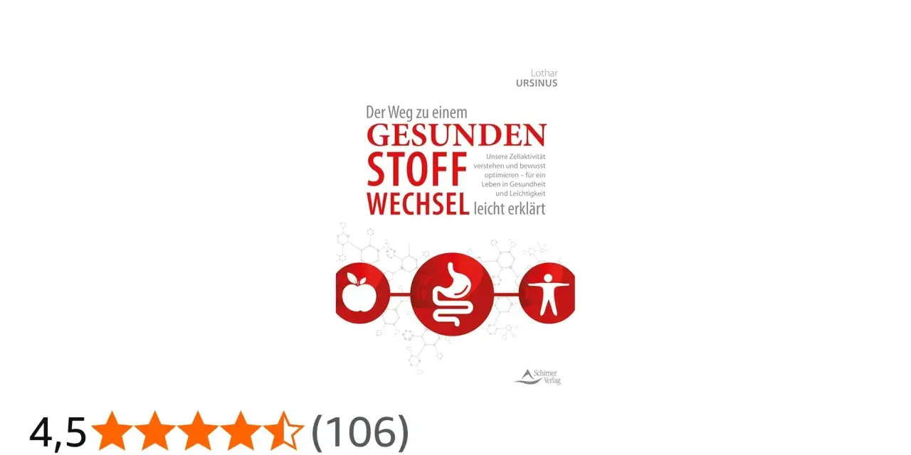 Buchcover: "Der Weg zu einem gesunden Stoffwechsel leicht erklärt". Zeigt Apfel, Magen und Mensch-Symbol. Lothar Ursinus.