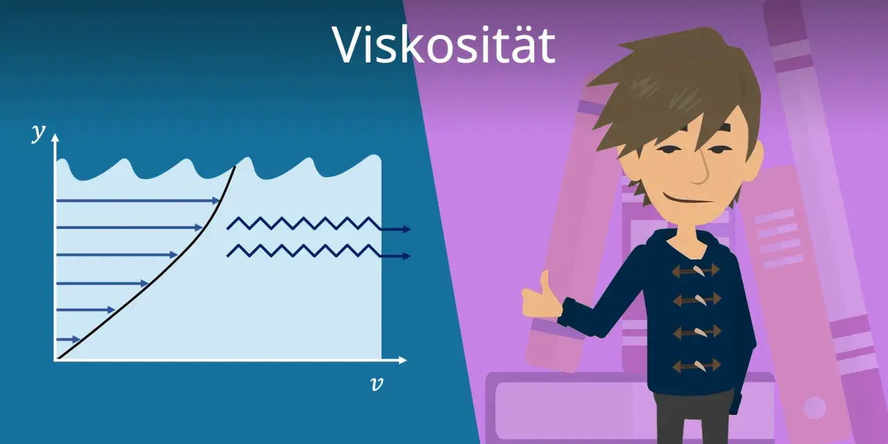 Diagramm zeigt Flüssigkeitsströmung und die Bedeutung von Viskosität. Ein Junge gibt Daumen hoch vor Bücherregal.