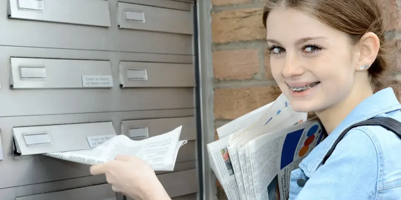 Ein junges Mädchen mit Zahnspange verteilt Zeitungen als Ferienjob. Sie steckt gerade eine Zeitung in einen Briefkasten.