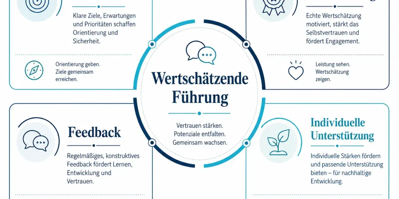 Schema zur wertschätzenden Führung: Klarheit, Feedback, Anerkennung und individuelle Unterstützung fördern Vertrauen und Wachstum.