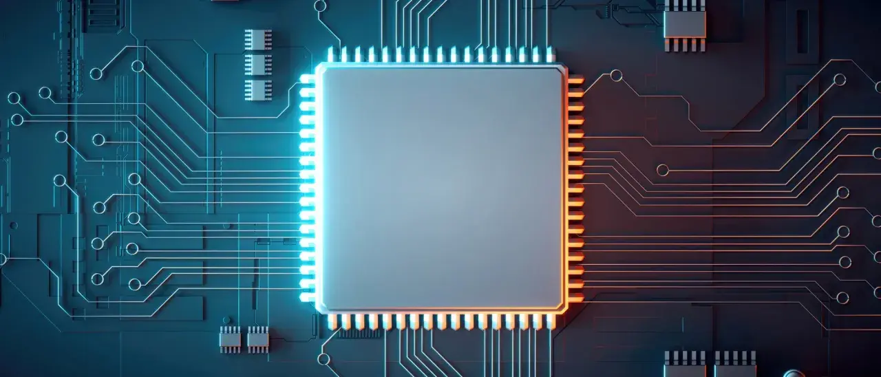 Ein großer, rechteckiger Chip mit vielen Pins, umgeben von Leiterbahnen auf einer dunklen Platine. Dieser **Halbleiter** ist das Herzstück moderner Technologie.