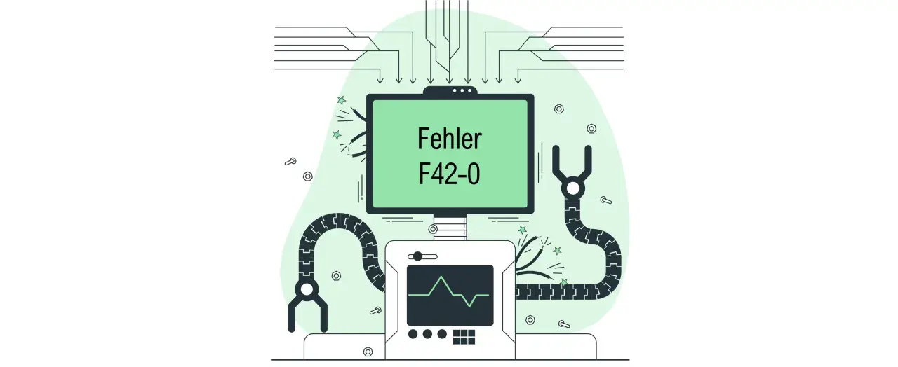 Ein Bildschirm zeigt "Fehler F42-0". Roboterarme und ein Messgerät deuten auf ein Problem in einer komplexen Datenbank hin.