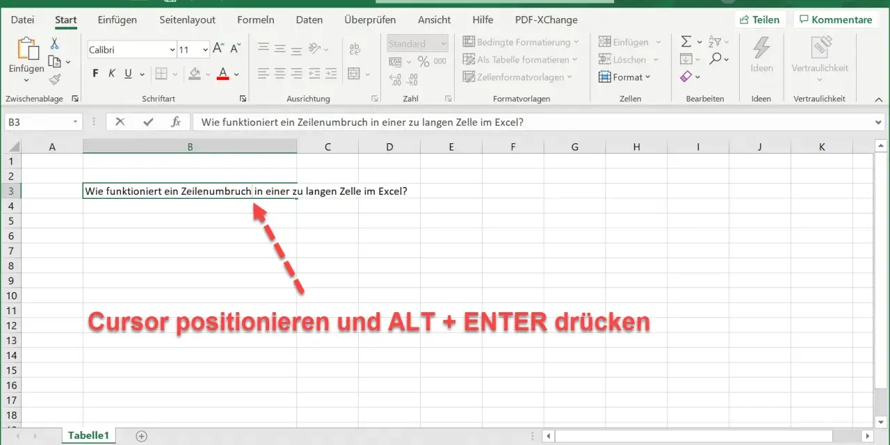 Excel: Zeilenumbruch in Zelle einfügen. Der Cursor wird in der Zelle positioniert, um einen Zeilenumbruch zu erzwingen.