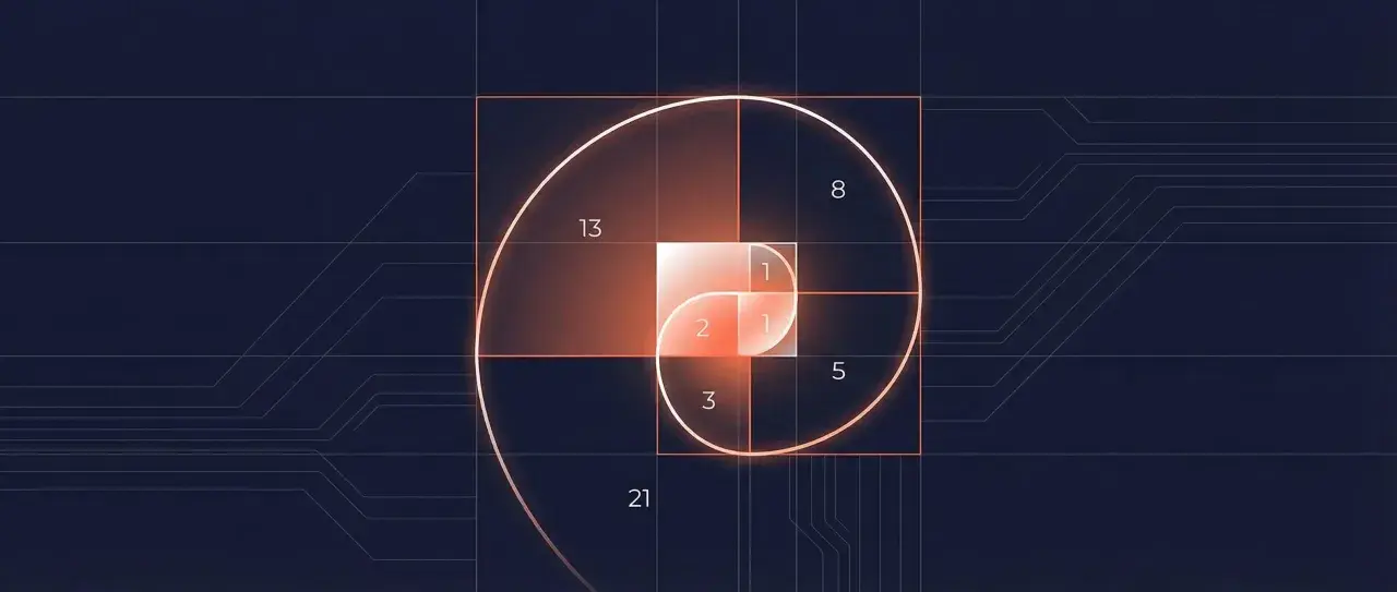 Die Fibonacci-Folge visualisiert sich in einem goldenen Schnitt-Spiralmuster, das sich von kleinen Quadraten zu größeren entwickelt.